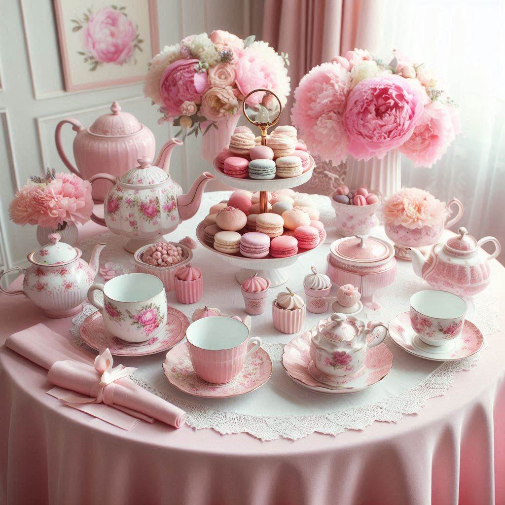 A pastel-themed tea party setup with a pink and white color scheme. The round table is covered with a light pink tablecloth and topped with a white lace doily. Delicate pink porcelain teacups with floral patterns, tiered trays filled with pastel macarons, and mini cakes are elegantly placed. Pink peonies and hydrangeas in vintage teapots serve as centerpieces, and pastel pink napkins are folded neatly at each place.