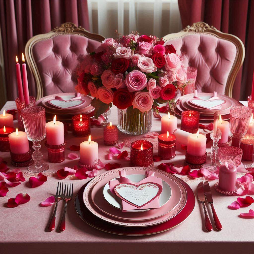 A romantic Valentine's Day table setup with deep pink and red accents. The table is covered with a pink velvet tablecloth, heart-shaped pink and red candles, and white plates with red borders. Rose petals are scattered across the table, and each place setting includes a pink envelope with a handwritten note. In the center, a large bouquet of red and pink roses in a crystal vase adds a touch of romance.