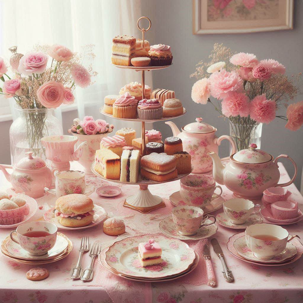 A charming vintage-style afternoon tea table with a pink and cream theme. The table is adorned with a pink floral-patterned tablecloth, mismatched vintage teacups, and plates in shades of pink, cream, and gold. A tiered cake stand with scones, finger sandwiches, and pastel-colored pastries sits at the center. Small pink carnations in delicate crystal vases and pastel pink doilies create a nostalgic, elegant atmosphere.