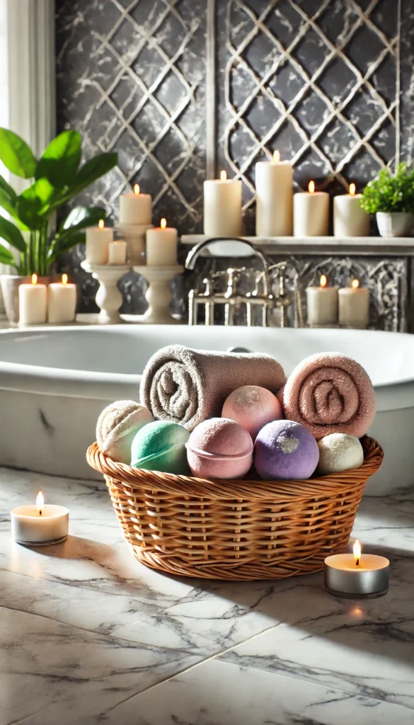 A small oval basket filled with scented bath bombs, rolled-up soft towels, and aromatic candles, placed next to a bathtub. The background shows a luxurious bathroom with marble tiles and potted plants, creating a spa-like atmosphere.