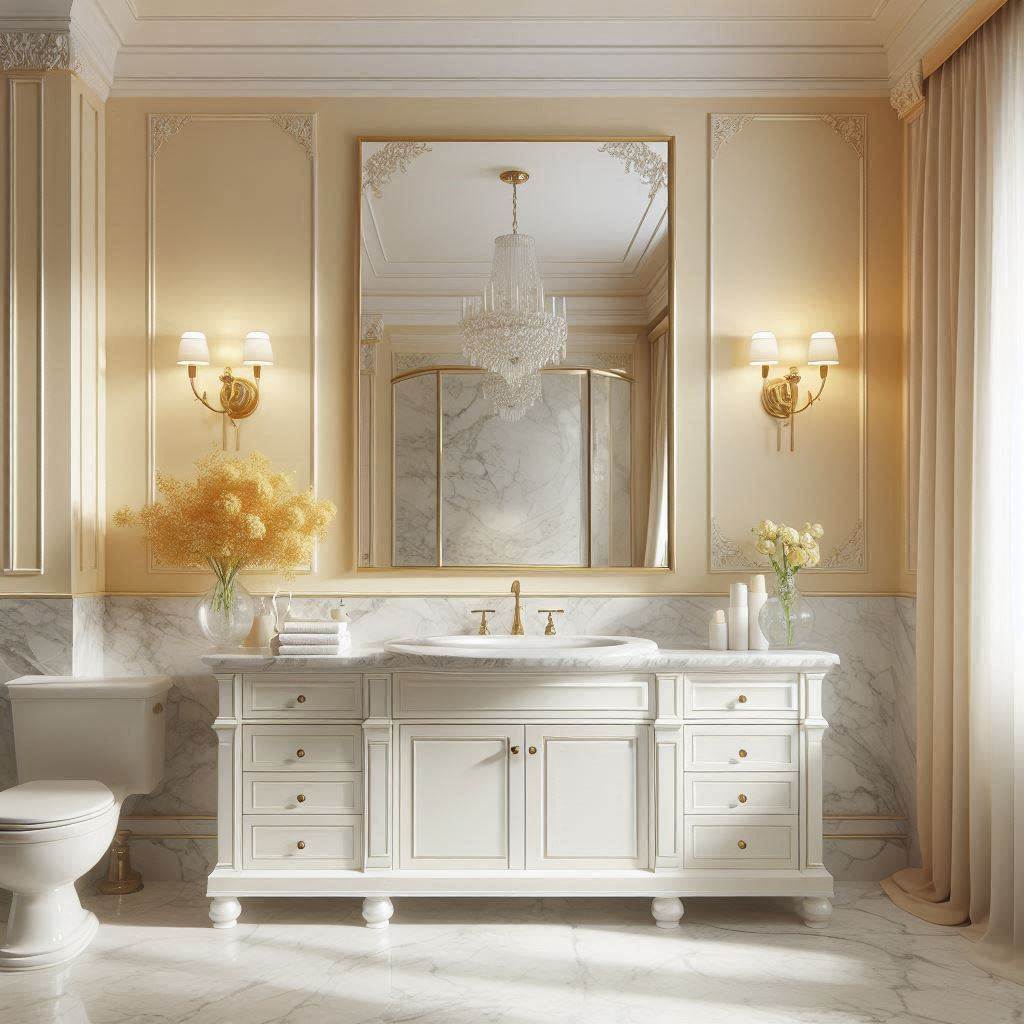 An elegant bathroom featuring soft yellow walls with luxurious white marble accents. The vanity is a classic white with a marble countertop, and thereās a large, frameless mirror above it. Brass fixtures and a crystal chandelier add a touch of sophistication, while a vase of fresh yellow flowers sits on the vanity.