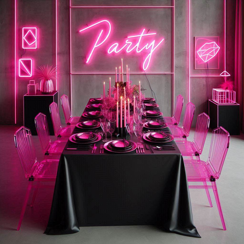 A contemporary and edgy dinner party setup with a pink neon theme. The table features a sleek black tablecloth with hot pink neon table runners. Plates are black with metallic pink chargers, and transparent pink acrylic chairs surround the table. Neon pink signs and small geometric pink planters are placed along the center. The setup is completed with pink LED candles and a dramatic backdrop of pink neon lights spelling out âPartyâ.
