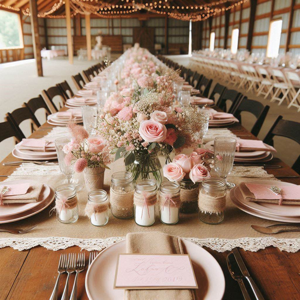 A rustic barn wedding reception table decorated in a soft pink and burlap theme. The long wooden table has a burlap table runner with lace edging, topped with vintage pink glassware and simple white plates. Centerpieces include mason jars wrapped in lace, filled with blush pink roses, baby's breath, and wildflowers. Each place setting has a hand-lettered pink place card and a mini favor box tied with pink twine.