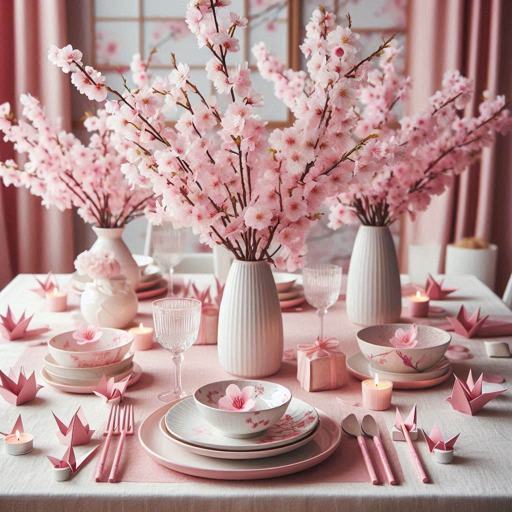 A spring-themed table setup inspired by cherry blossoms. The table is covered with a soft pink linen tablecloth, and delicate white plates with cherry blossom designs are arranged with pink chopsticks. In the center, branches of blooming cherry blossoms in tall white vases create a dramatic focal point. Small pink tea light candles and origami crane place cards add a delicate Japanese-inspired touch.