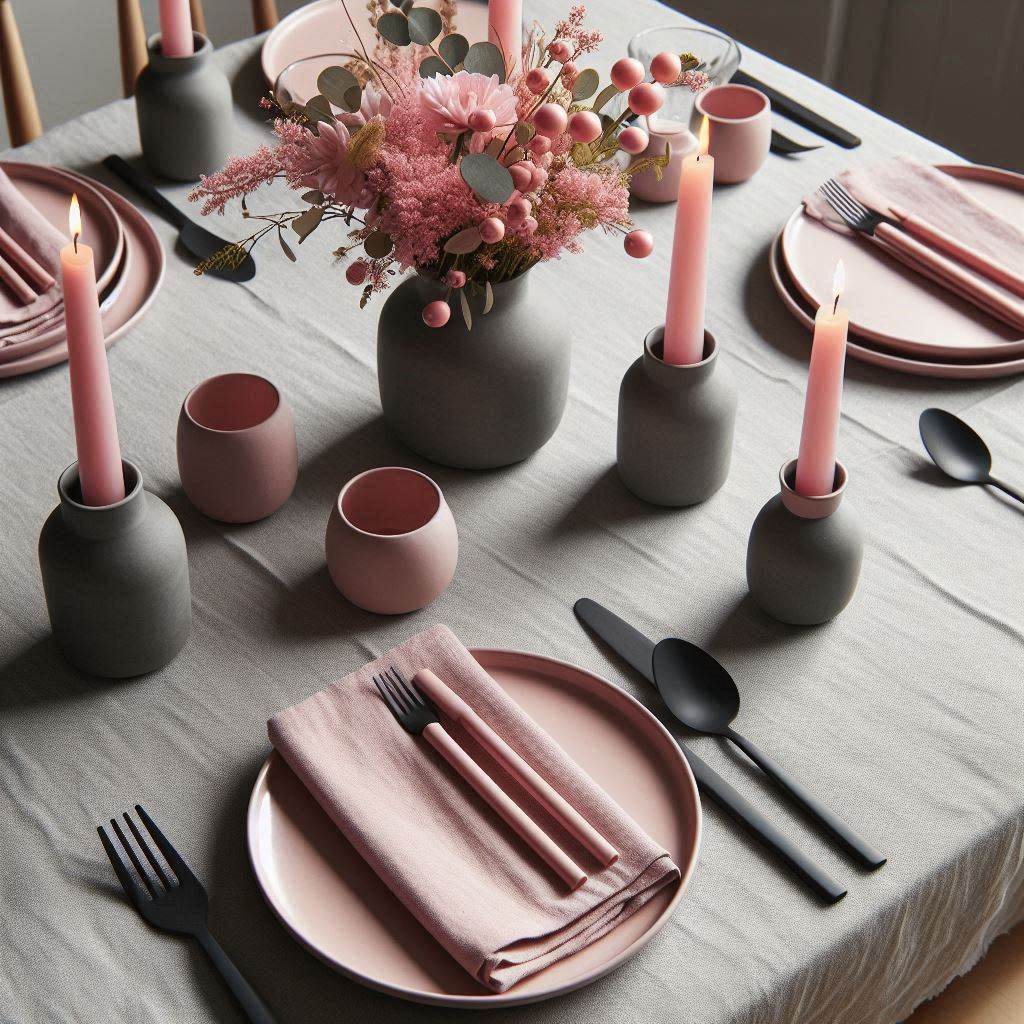 A minimalist Scandinavian-style dining table setup featuring pink and grey accents. The table is set with a simple grey linen tablecloth, blush pink stoneware plates, and matte black cutlery. Pink taper candles in sleek black holders are arranged down the center, with small grey ceramic vases holding single-stem pink flowers. The overall look is clean, modern, and understated, with soft textures and natural elements.