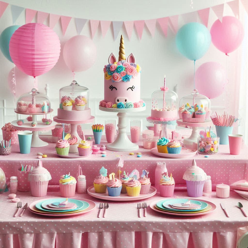 A fun and whimsical children's birthday party table in a pink and pastel rainbow theme. The table is covered with a pink polka-dot tablecloth, and colorful plates and cups in pastel shades of pink, blue, and yellow are set up. The centerpiece is a pink and white cake shaped like a unicorn, surrounded by pastel-colored cupcakes and candy jars. Pink paper lanterns and streamers hang overhead, and each place has a pink balloon tied to the chair.