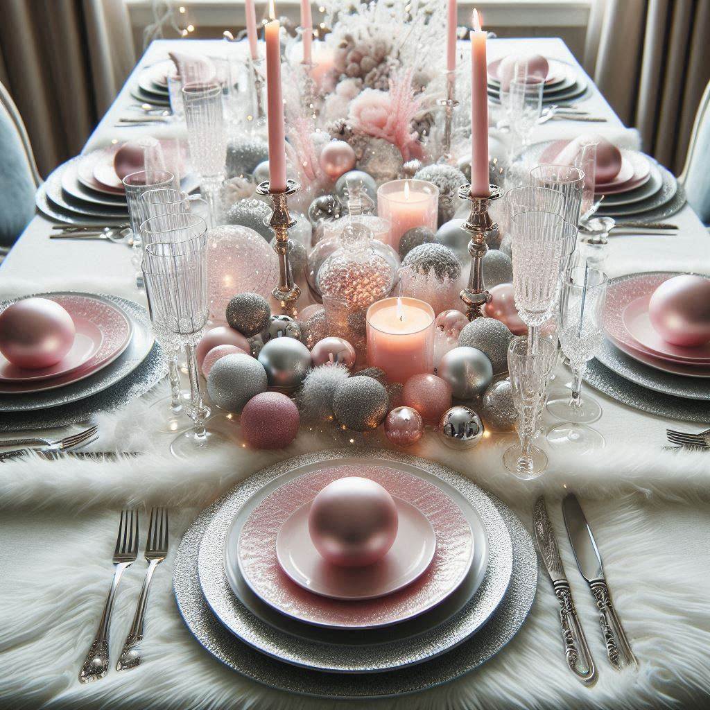 A winter-themed table setup with a pink and silver color scheme. The table is covered with a white faux fur table runner, silver chargers, and pale pink plates. Silver cutlery and crystal glassware add an elegant touch. In the center, silver candleholders with pink candles and small crystal bowls filled with pink and silver ornaments create a wintry feel. Faux snow and pink fairy lights are scattered along the runner for a magical effect.