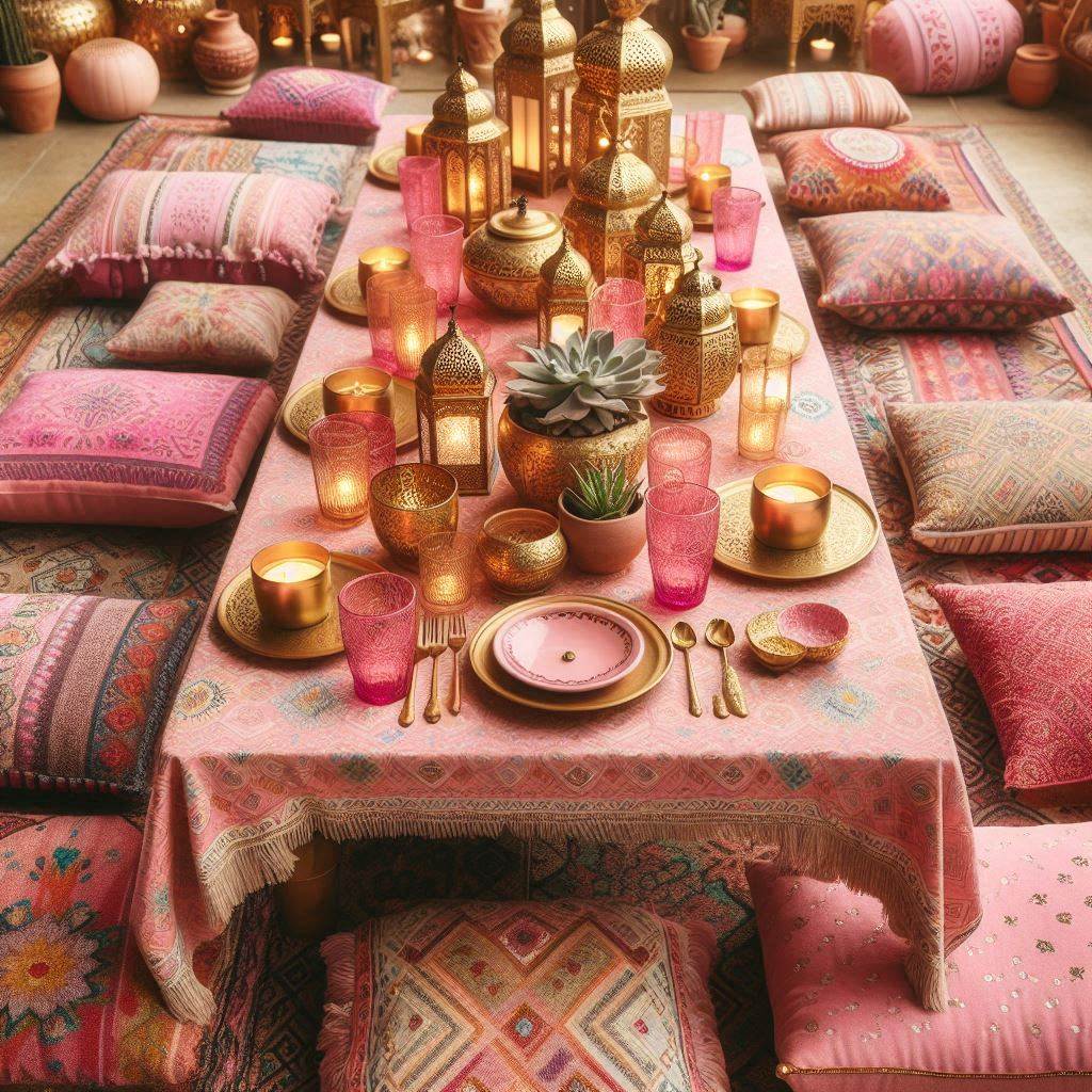 A Moroccan-inspired bohemian table setting featuring a pink and gold theme. The table is covered with a pink patterned tablecloth, surrounded by colorful floor cushions. Ornate gold lanterns and pink glass tea light holders are placed along the center, along with brass plates and pink ceramic bowls. The setup is completed with small potted succulents and hand-painted Moroccan tea glasses in pink and gold.