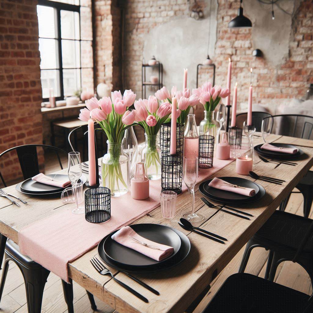 An industrial-style loft dining table setup with a pink urban chic theme. The table has a raw wood top with black metal legs, and the place settings feature matte black plates, blush pink linen napkins, and black cutlery. Clear glass bottles filled with soft pink tulips are spaced along the center, with black wire candle holders and pink candles. Exposed brick walls and black metal chairs complete the urban aesthetic.