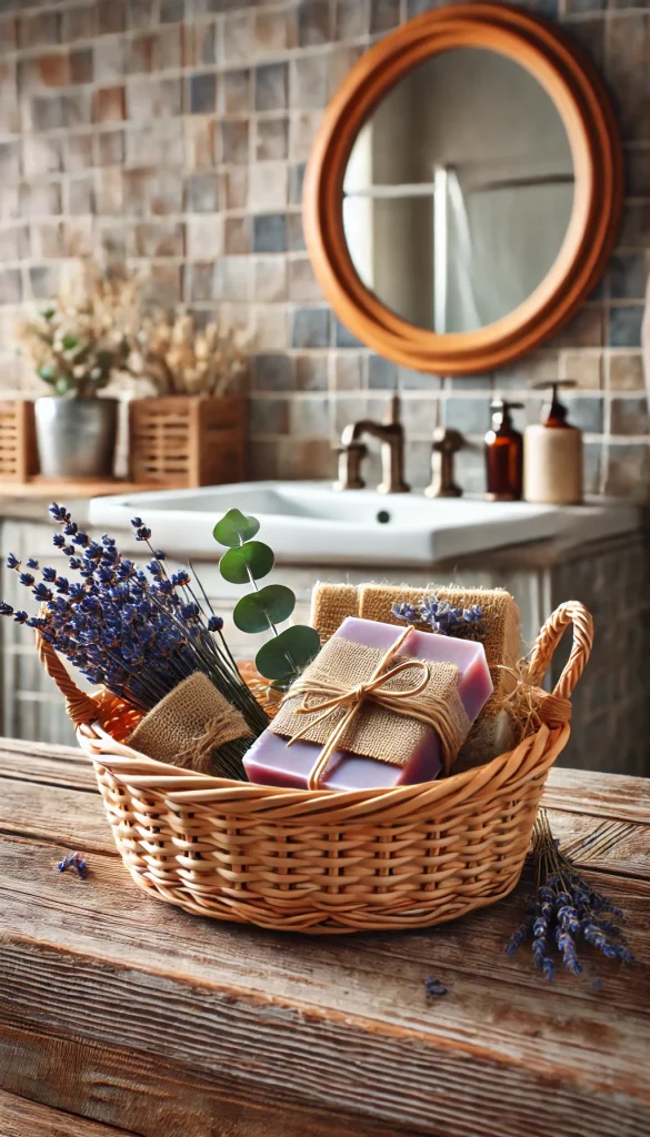 A small basket filled with handmade soaps, dried lavender, and eucalyptus leaves, placed on a rustic wooden bathroom shelf. The background includes a bathroom with natural stone tiles and a vintage mirror, creating a fresh and organic look.