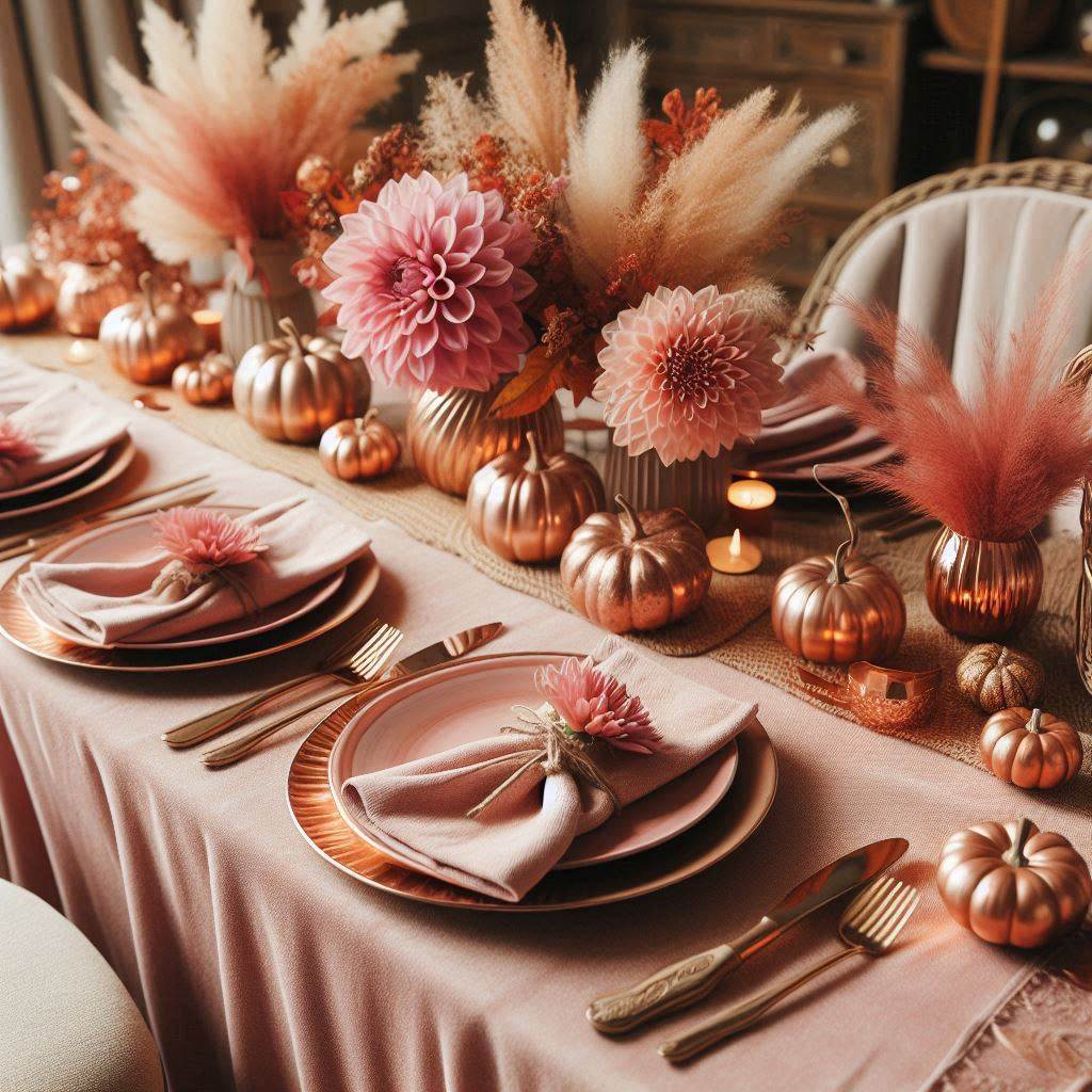 A cozy autumn-inspired table setup with a warm pink and copper color scheme. The table is covered with a blush pink velvet tablecloth, copper-rimmed plates, and rustic wooden chargers. Soft pink napkins are tied with twine, and small copper pumpkins are placed at each setting. A centerpiece with pink dahlias, dried grasses, and small gourds in a copper vase creates a warm, inviting atmosphere.
