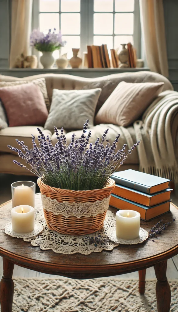 A shallow basket decorated with lavender sprigs, small white candles, and a few books, set on a vintage-style coffee table. The background includes a cozy living room with a soft throw blanket and cushions, creating a relaxing reading nook vibe.