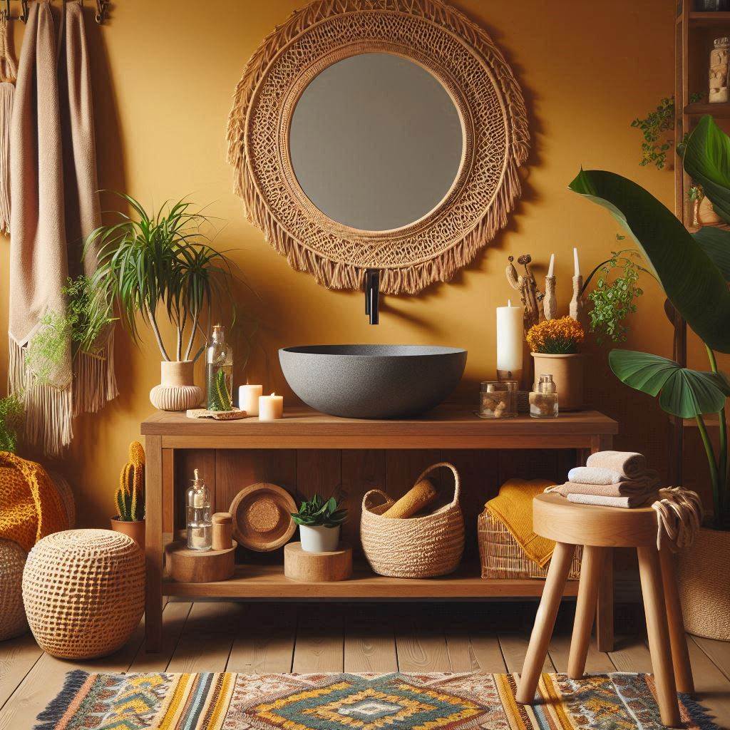 A boho-chic bathroom with mustard yellow walls and eclectic decor elements. The room features a wooden vanity with a stone basin sink and a large round mirror with a macramƩ frame. Potted plants, a colorful woven rug, and a wooden stool with candles and towels complete the look.