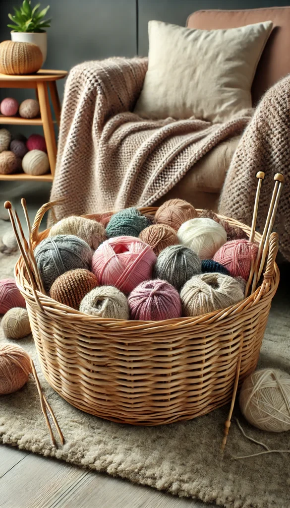 A large woven basket filled with various types of yarn balls in different colors, knitting needles, and a cozy knitted blanket partially spilling out. The basket is placed on a soft, plush rug near a comfy chair, evoking a warm and crafty atmosphere.