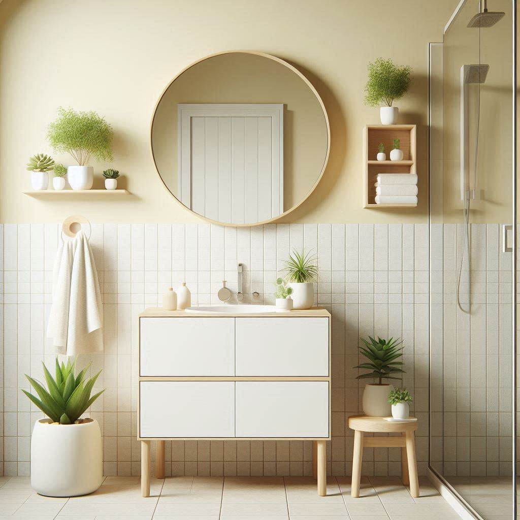 A minimalist bathroom design with pale yellow walls and white tiles. The space features a simple white vanity with light wood accents and a round mirror. There is a small open shelf holding neatly rolled towels and a few succulents in white ceramic pots. The shower area has a glass partition and a simple rain showerhead.