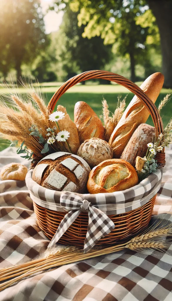 A round basket filled with freshly baked bread, baguettes, and pastries, decorated with sprigs of wheat and tied with a gingham cloth. The basket is set on a picnic blanket in a sunny park, giving a wholesome, rustic feel.
