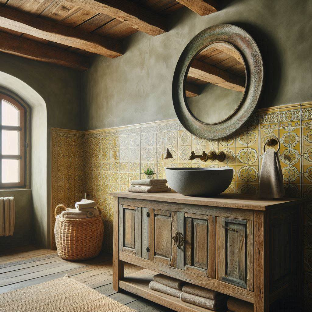 A rustic bathroom featuring muted yellow walls complemented by exposed wooden beams on the ceiling. A reclaimed wood vanity with a stone vessel sink and an antique brass faucet stands against a wall with a vintage-style yellow and white tile backsplash. A round, distressed metal-framed mirror adds to the rustic charm, while a woven basket filled with towels sits beneath the vanity.