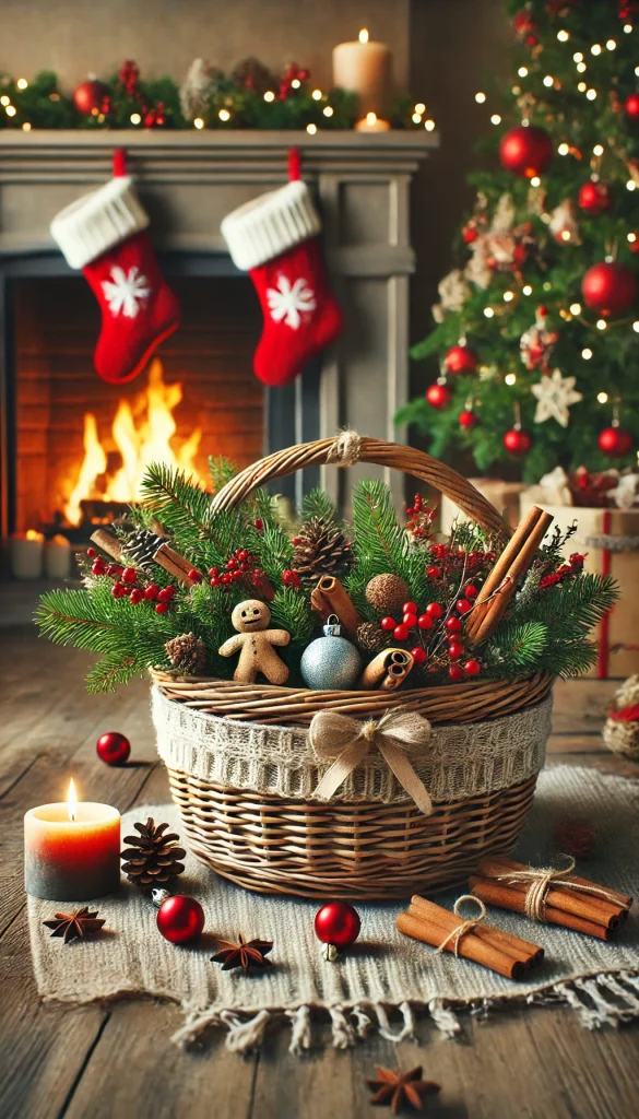 A basket designed for a cozy Christmas theme, filled with pine branches, red berries, cinnamon sticks, and small ornaments. The basket is placed near a fireplace with a glowing fire and Christmas stockings hanging above, creating a warm and festive ambiance.