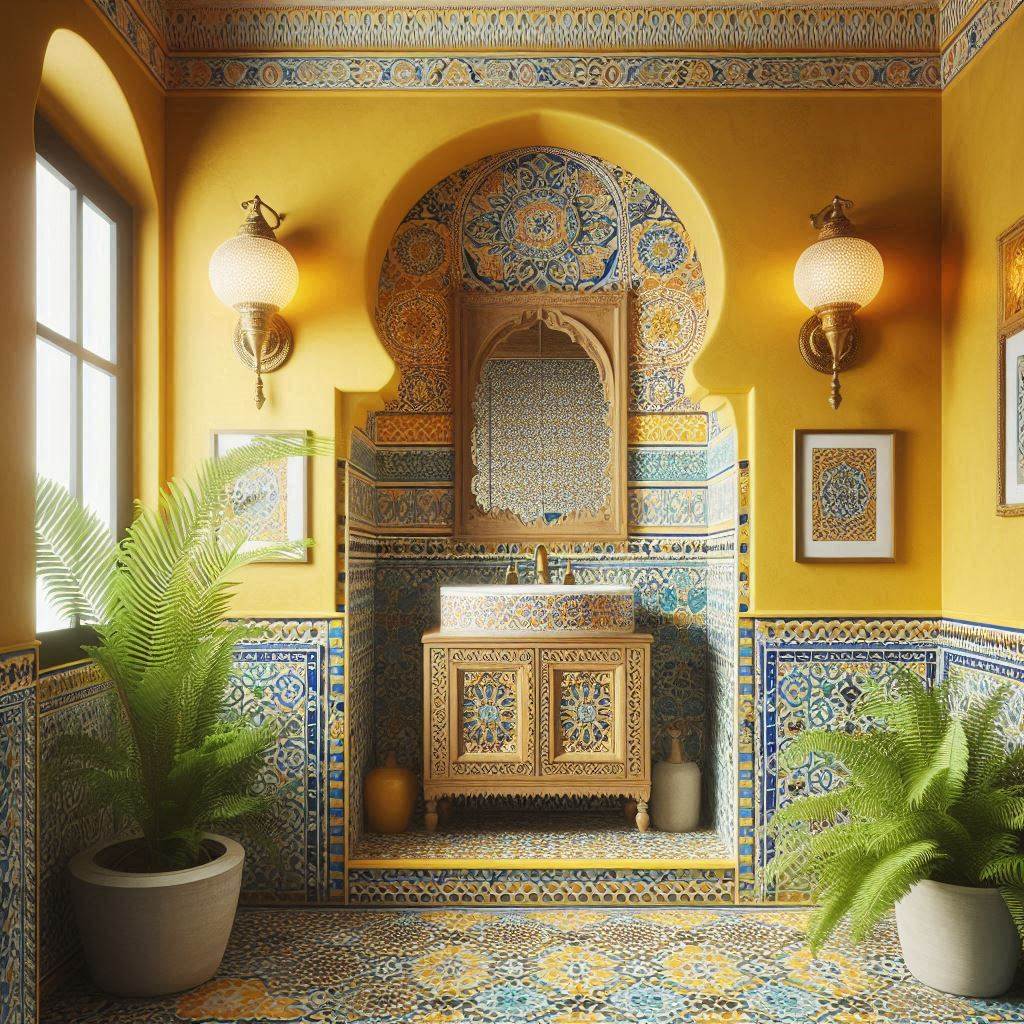 A bathroom design featuring vibrant yellow walls and intricate Moroccan-style floor tiles in shades of blue, white, and yellow. The shower area is framed by arched doorways, and the vanity has a carved wooden frame and a colorful ceramic sink. Brass sconces with frosted glass shades add an exotic touch, while potted ferns provide greenery.