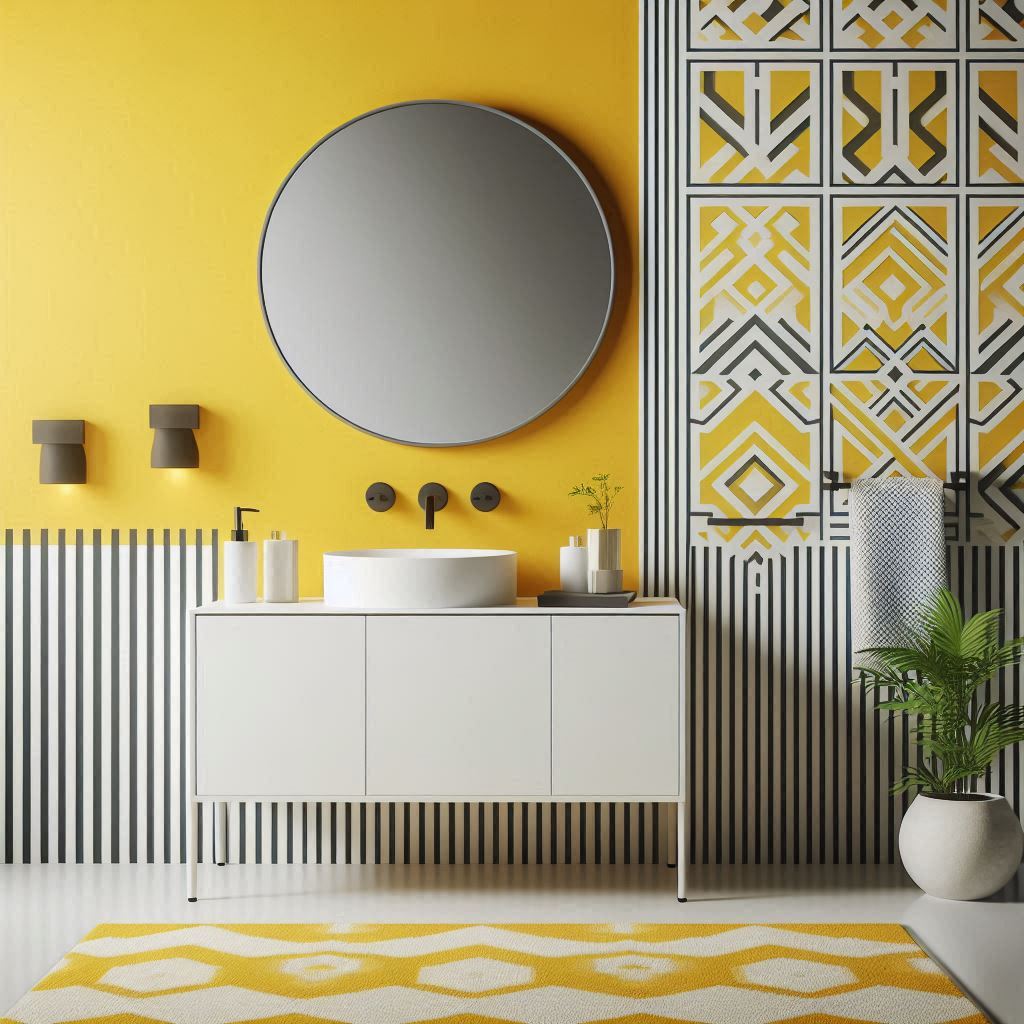 A contemporary bathroom featuring a bright yellow accent wall with bold, geometric patterns in white and gray. The room has a floating white vanity with a sleek, oval-shaped mirror and minimalist black fixtures. A yellow and white striped rug lies on the floor, and a small potted green plant adds a touch of nature.