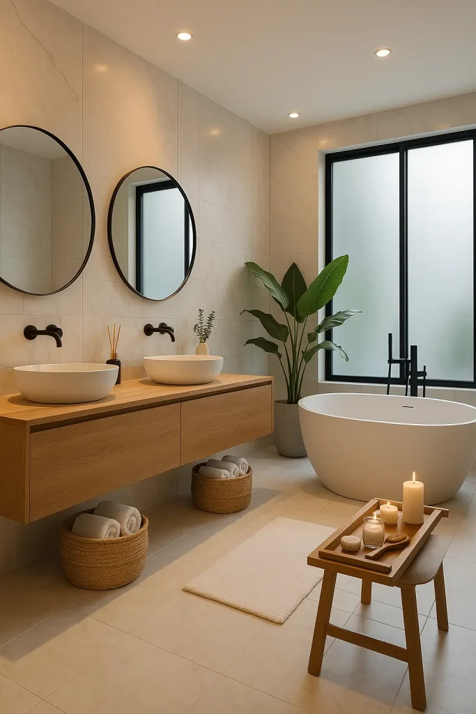 A luxurious, spa-inspired modern bathroom featuring minimalist aesthetics and calming neutral tones. The room is spacious with large marble tiles on the walls and matte black fixtures for a striking contrast. A floating wooden vanity with double sinks and large round mirrors above adds warmth. Natural light floods through frosted glass windows, gently illuminating a freestanding white oval bathtub beside lush green plants. The decor includes plush white towels neatly rolled in woven baskets, a wooden bath tray holding candles and bath salts, and subtle recessed lighting creating a soothing ambiance. Overall, the scene evokes relaxation, serenity, and a contemporary sense of luxury.