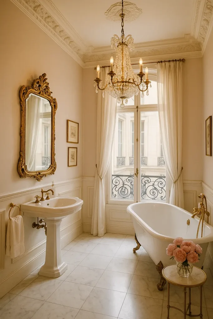 An elegant Parisian-inspired bathroom exuding classic European charm and sophistication. Tall ceilings and decorative crown molding frame the room, with soft cream or blush-pink walls and marble flooring. A vintage-style pedestal sink sits beneath an ornate, gold-framed mirror, and a crystal chandelier sparkles above. A luxurious freestanding tub with vintage claw feet is placed under tall French windows draped in sheer curtains. Brass fixtures, a dainty side table with fresh peonies, and artful framed prints on the walls add to the graceful charm. Everything feels feminine, timeless, and effortlessly stylish—like stepping into a romantic Paris apartment.
