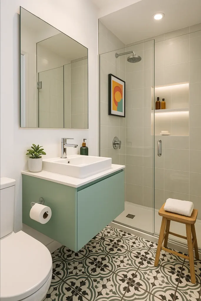 A beautifully designed compact bathroom that maximizes space without sacrificing style. White walls and mirrored surfaces reflect natural and artificial light to make the room feel larger. A wall-mounted floating vanity with hidden storage and a sleek rectangular sink frees up floor space. A glass shower enclosure with built-in shelving and recessed lighting adds both functionality and a sense of openness. Bold patterned tiles on the floor draw the eye, while a pop of color—like a pastel green vanity or vibrant artwork—adds personality. Accessories are minimalist but intentional: a small plant, a folded towel on a wooden stool, and a decorative soap dispenser.
