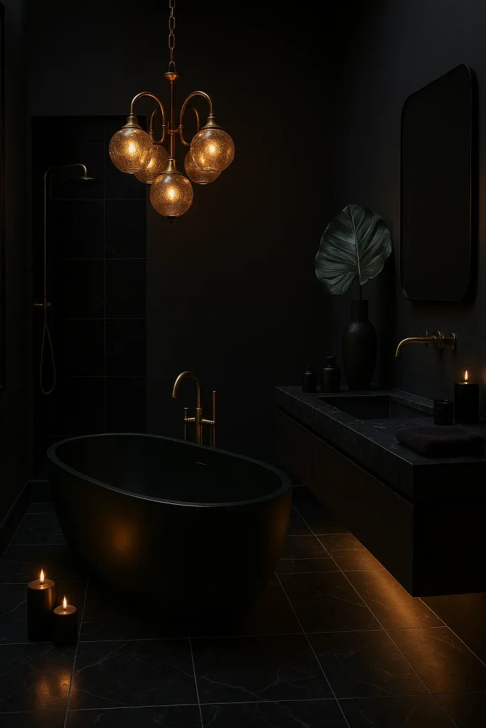 A dark, moody, and luxurious bathroom that feels like a mysterious high-end retreat. Walls are painted in deep charcoal, navy, or even matte black, creating an enveloping atmosphere. The bathtub is a matte black or deep green oval tub with brushed gold fixtures for contrast. A statement chandelier or pendant lights with soft amber tones offer moody lighting. Large black marble tiles line the floors and shower walls, while a dark wood or stone vanity with underglow lighting adds a modern luxe touch. Decor is minimal but rich—think black candles, dark glass jars, velvet towels, and a single oversized leaf in a sculptural vase.