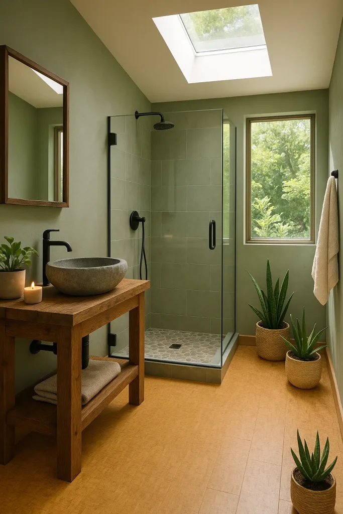 A sustainable, eco-conscious bathroom that blends nature with minimalist design. The walls are painted in soft clay or sage green tones, paired with bamboo or cork flooring. The vanity is crafted from reclaimed wood with a stone basin sink, and low-flow matte black or brushed nickel fixtures emphasize water efficiency. A walk-in shower features pebble tile flooring and clear glass doors. Decor is simple and organic: cotton or linen towels, soy candles, and plants like snake plants, aloe vera, or pothos. A skylight or large window lets in plenty of daylight, reducing the need for artificial light. The space radiates calm, earthiness, and environmental mindfulness.