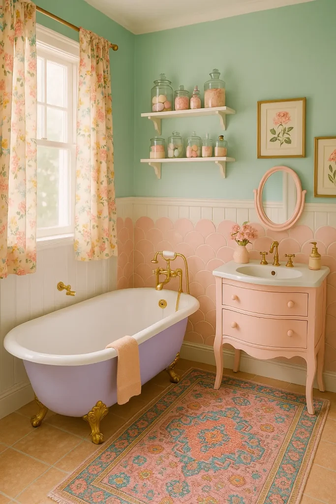 A dreamy and playful bathroom filled with soft pastels and charming, vintage-inspired decor. Walls are painted in soft mint, pale peach, or blush pink, with white wainscoting or scalloped tile accents. A pastel clawfoot tub—perhaps powder blue or lavender—serves as the centerpiece, accompanied by gold or rose gold fixtures. Decor includes floral-patterned curtains, a retro-style vanity with a ceramic sink, and framed botanical prints. A colorful Persian-style rug adds texture and whimsy to the floor. Floating shelves hold glass jars of bath bombs, soaps, and bubble bath. The overall aesthetic feels joyful, cottagecore-inspired, and uniquely personal.
