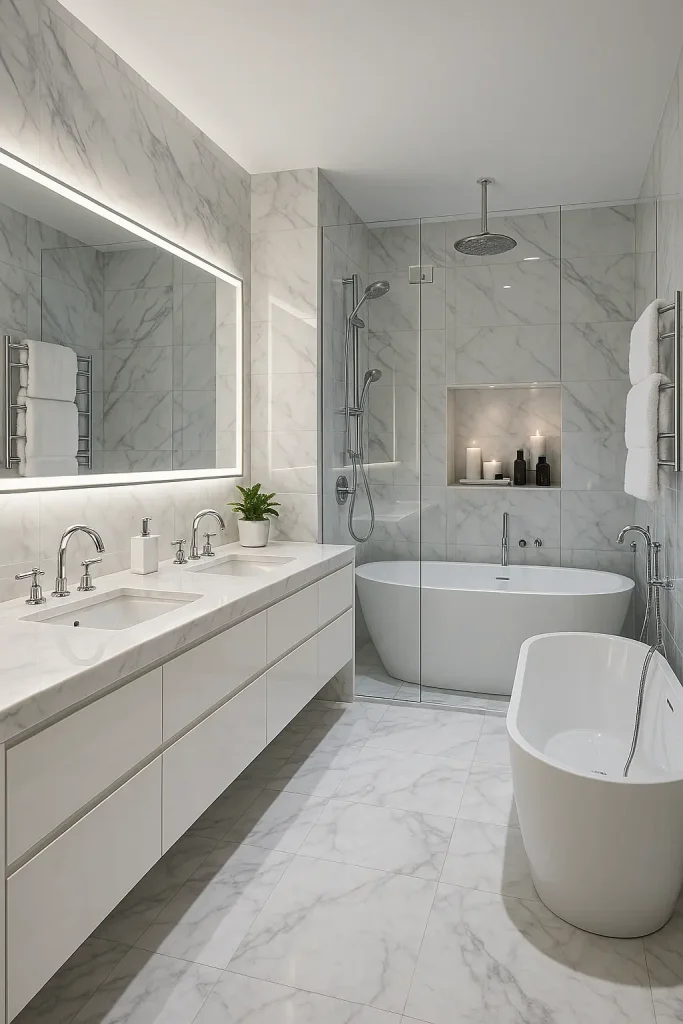 An ultra-polished, five-star hotel-inspired bathroom that’s clean, indulgent, and meticulously designed. Large-format marble tiles in white with gray veining cover both the floor and walls. A double vanity with under-mount sinks, chrome fixtures, and built-in lighting sits below a massive backlit mirror. Fluffy white towels hang on towel warmers, while a walk-in shower with both rain and handheld heads is enclosed in frameless glass. A sleek freestanding tub sits under a wall niche holding candles and spa products. The color palette is monochrome and high contrast—mostly whites and grays—with subtle metallic accents and touches of greenery. Everything feels pristine, luxurious, and pampering.