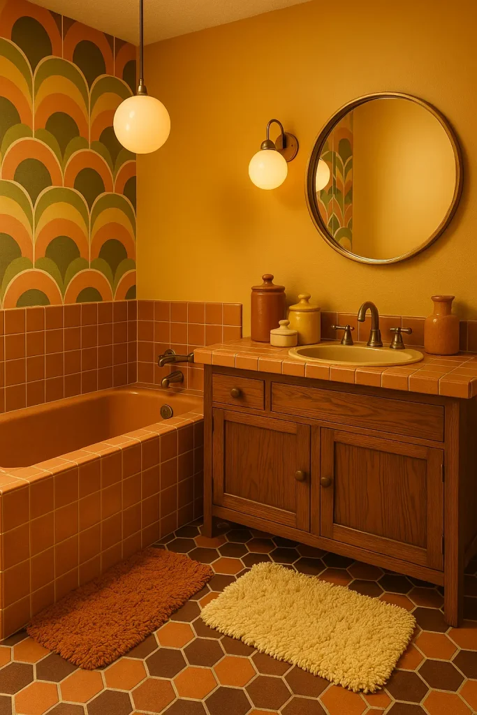 A bold, groovy bathroom straight from the 1970s with a fun, nostalgic twist. The walls feature warm, earthy tones like mustard yellow, burnt orange, and avocado green, either in solid paint or funky geometric wallpaper. A sunken bathtub or a tiled tub surround in terra-cotta hues takes center stage. The vanity is a vintage-style wood cabinet with a circular mirror framed in brass. Funky checkerboard or hexagon tiles in earthy colors cover the floor. Decor includes globe pendant lights, shaggy bath rugs, and retro ceramic canisters for storage. It’s playful, cozy, and full of character—perfect for lovers of vintage style.