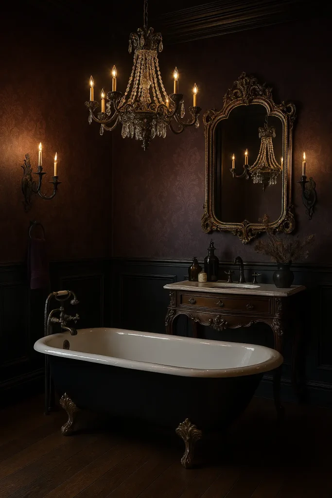 A dramatic, gothic-Victorian bathroom with moody elegance and antique charm. The walls are painted in deep plum, black, or burgundy with decorative molding or wallpaper in baroque patterns. A black clawfoot tub with brass feet stands beneath a grand chandelier, casting soft golden light. The vanity is dark-stained wood with a marble top and ornate carved legs. An oversized, gilded mirror adds a sense of drama, and wrought iron candle sconces line the walls. Accessories include apothecary-style jars, velvet hand towels, and dried flowers in black or amber glass vases. The whole room feels romantic, mysterious, and steeped in old-world glamour.