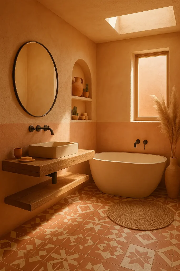 A warm, minimalist bathroom inspired by desert landscapes and Southwestern design. The space is bathed in sun-washed tones—think sandy beige, clay pink, and terracotta. Stucco or plastered walls offer soft texture, and the floor features geometric encaustic tiles in earthy patterns. A floating vanity made of raw wood sits under a rounded mirror with brass or matte black fixtures. A niche in the wall holds pottery, cacti, and handmade soaps. A large window or skylight lets in golden sunlight, and the bathtub is sculptural, set beside dried pampas grass or a woven jute rug. The atmosphere is natural, grounded, and tranquil.
