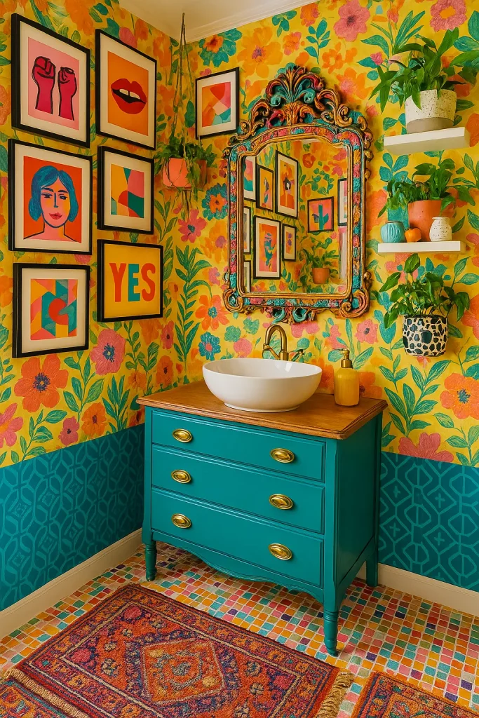 A vibrant, personality-packed bathroom that celebrates color, pattern, and bold self-expression. Walls are covered in eclectic, mismatched art prints—abstracts, pop art, and framed typography. Bright wallpaper in wild florals or geometric patterns contrasts playfully with colorful mosaic tile flooring. The vanity is a repurposed dresser in a bold hue like teal or fuchsia, with a vessel sink and gold hardware. A large ornate mirror with a colorful frame reflects a gallery wall. Plants overflow from hanging pots, open shelves hold quirky ceramics, and vintage rugs are layered on the floor. Everything feels curated, chaotic, and joyfully maximal.
