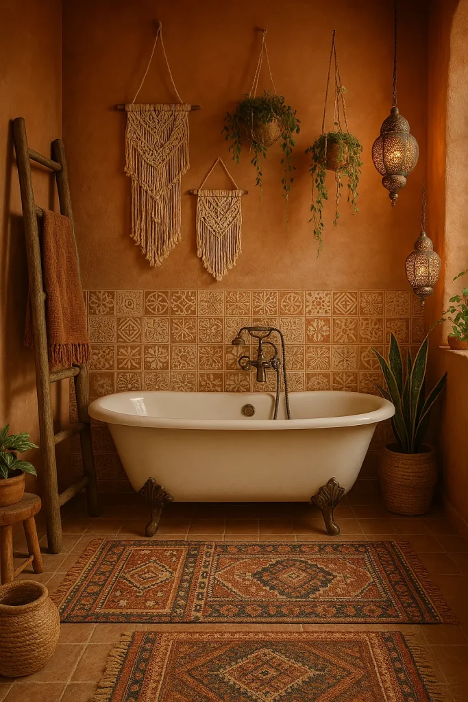 A cozy, bohemian-style bathroom characterized by warm earthy tones, textured materials, and artistic elements. The walls are painted in soft terracotta, complemented by patterned ceramic tiles in cream and rust shades. A vintage clawfoot bathtub in white sits elegantly against a backdrop of macramé wall hangings and hanging plants cascading from ceiling hooks. A rustic wooden ladder leaning against the wall serves as towel storage, while woven rugs in ethnic patterns add texture and warmth to the floor. Soft lighting from pendant lanterns enhances the cozy atmosphere, making the bathroom feel inviting, stylishly eclectic, and comfortably lived-in.