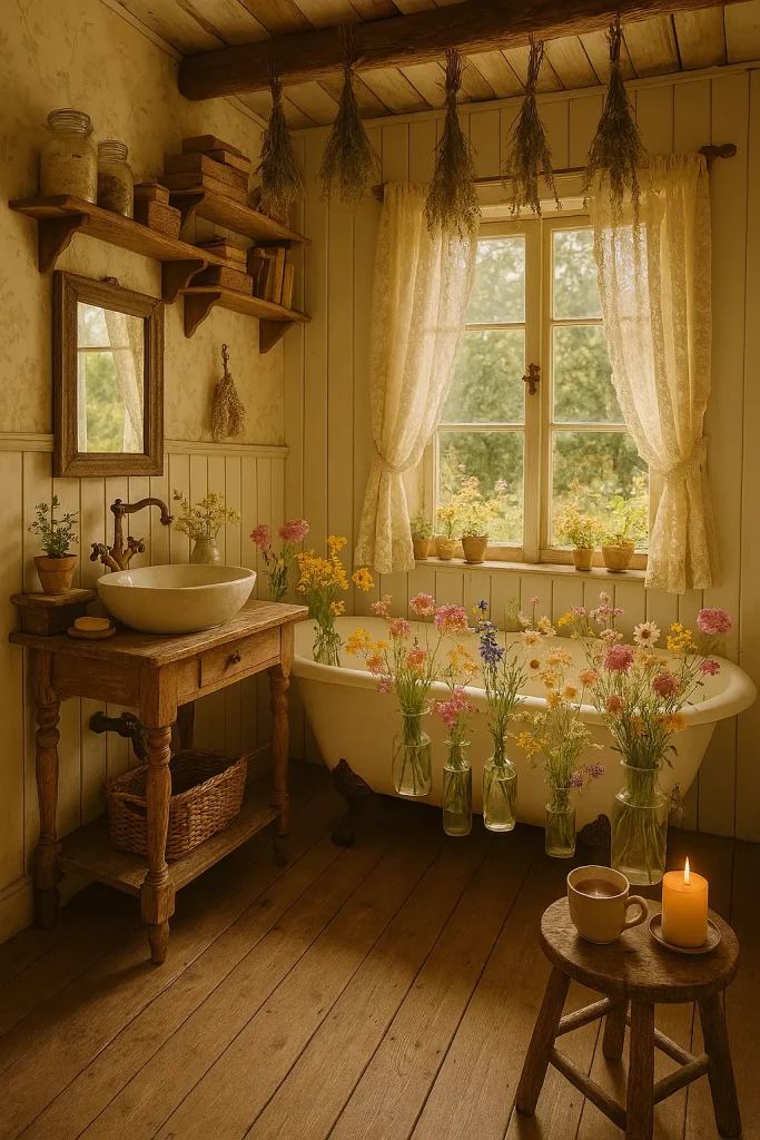 A cozy, nature-inspired cottage bathroom straight out of a fairytale. Walls are clad in soft cream shiplap or floral wallpaper, with a clawfoot tub surrounded by wildflowers in mismatched glass vases. The vanity is an antique table with a basin sink and a mirror framed in distressed wood. Open shelves hold jars of homemade bath salts, books, and woven baskets. The window, draped in lace curtains, looks out onto a garden or wooded scene. Dried herbs hang from ceiling beams, and a rustic wooden stool holds tea and candles. Everything feels warm, handmade, and steeped in cottage magic.