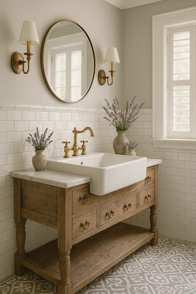 An elegant farmhouse-inspired bathroom blending classic charm with modern sophistication. The dominant colors are soft white and dove gray, accented by matte gold fixtures and reclaimed wood elements. White subway tiles cover the walls, paired with vintage-inspired patterned floor tiles. A large farmhouse-style porcelain sink sits atop a rustic reclaimed wood vanity with decorative drawer pulls. Antique brass sconces flank a frameless round mirror, and fresh lavender in vintage vases adds a touch of color and fragrance. The room is bathed in natural light streaming through white shuttered windows, evoking simplicity, refined elegance, and warmth that’s both welcoming and timeless.