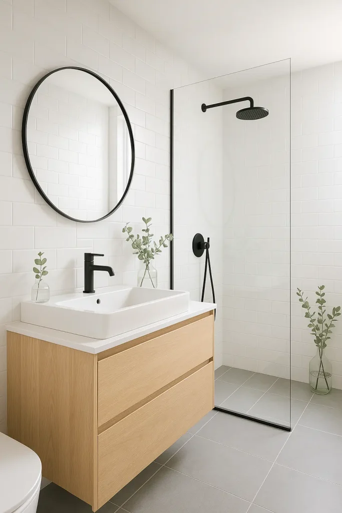A clean, minimalist Scandinavian-inspired bathroom emphasizing functionality, simplicity, and airy brightness. The color palette is predominantly white and soft grays, paired with natural elements like pale oak wood. Sleek white rectangular tiles adorn the walls, while large matte-gray tiles cover the floors. The vanity features smooth wood cabinetry with seamless drawers and a clean, rectangular white ceramic sink. Simple round mirrors and black matte fixtures introduce subtle contrast. A frameless walk-in glass shower enclosure with rainfall showerhead adds sophistication, accented by carefully placed greenery, like eucalyptus sprigs in clear glass vases. Sunlight gently brightens the space, creating a peaceful, refreshing atmosphere.