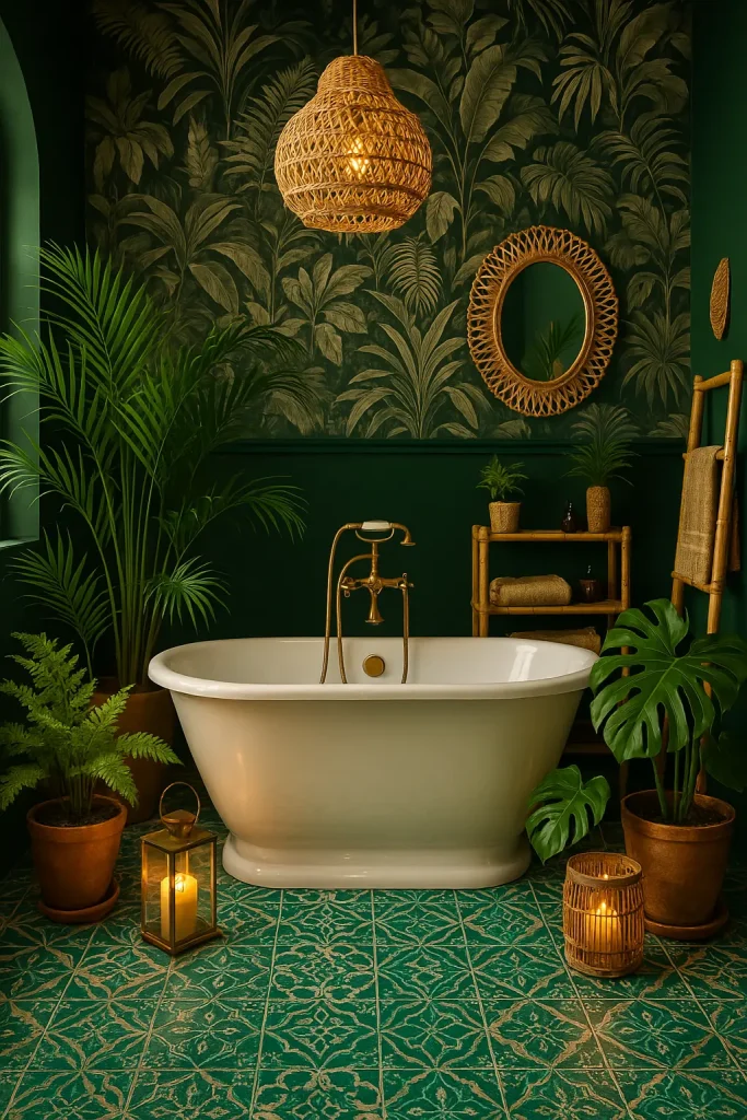 An exotic, tropical-inspired bathroom creating an immersive feeling of a lush, jungle-like retreat. Dark-green feature walls accented with botanical wallpaper blend beautifully with gold or brass fixtures. A freestanding, deep bathtub in glossy white sits surrounded by lush indoor plants in terracotta pots, such as palms, ferns, and monstera leaves. Natural bamboo accents appear in shelving, towel holders, and decorative mirrors with woven frames. Patterned floor tiles in vibrant emerald or turquoise hues enhance the tropical theme. Candlelit lanterns or woven pendant lights softly illuminate the space, capturing the essence of a luxurious, exotic spa experience within the comfort of home.