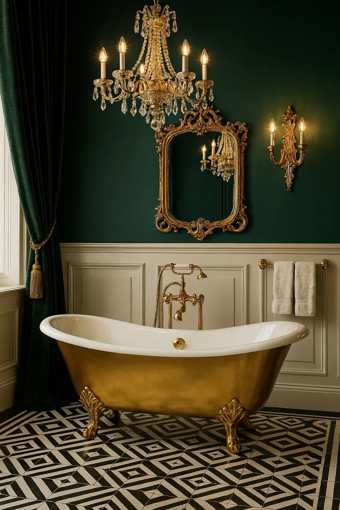 A sophisticated bathroom inspired by vintage glamour, showcasing an elegant blend of classic elements and modern luxury. Rich colors like navy blue or deep emerald green adorn the walls, paired with white or ivory wainscoting panels. A freestanding clawfoot bathtub painted glossy black or metallic gold occupies the center stage, complemented by opulent gold-plated fixtures and fittings. Crystal chandeliers or elegant wall sconces provide dramatic lighting, reflecting beautifully against ornate antique mirrors framed in gold. Art Deco-inspired flooring in black-and-white geometric patterns adds visual interest. Luxurious velvet curtains and plush towels complete the lavish, timeless atmosphere, evoking a sense of indulgent sophistication.