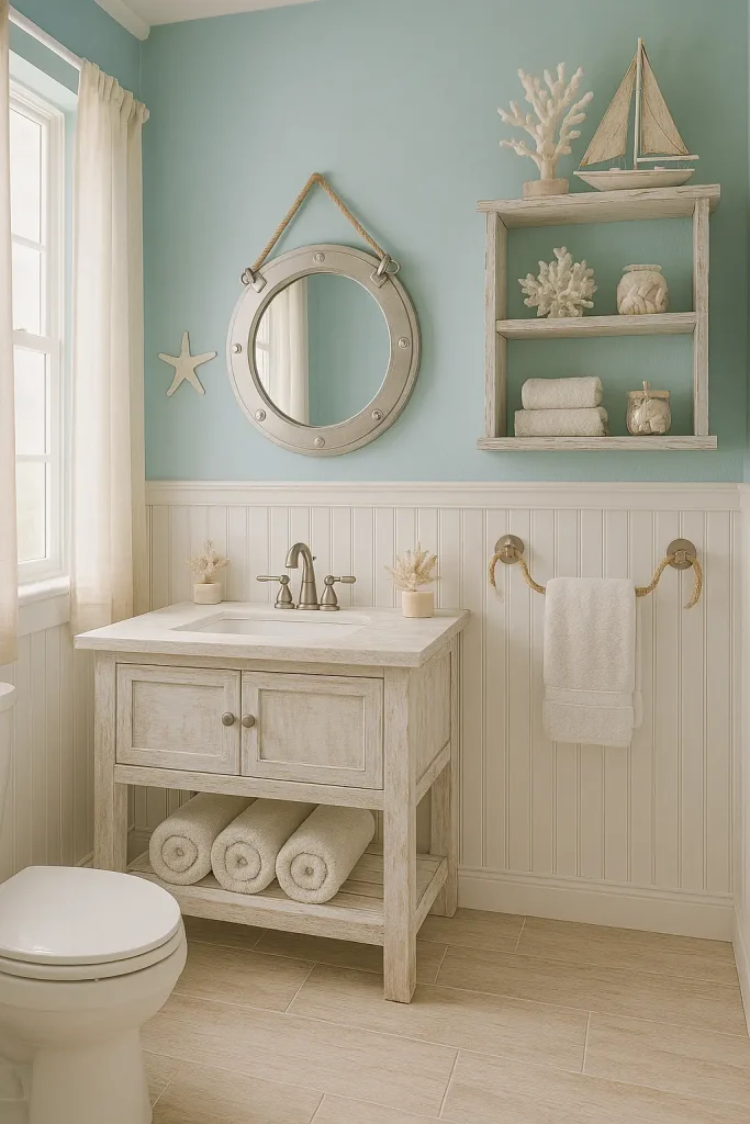 A light and breezy coastal-themed bathroom that captures the relaxing essence of the seaside. The walls are painted in soft sky blue or light aqua, paired with white beadboard paneling for a clean, nautical feel. Whitewashed wood accents appear in the vanity and open shelving, holding rolled towels, seashells, and coastal candles. A porthole-style mirror hangs above the sink, and rope accents are used as towel holders or decorative elements. The floor features light sand-colored tiles that mimic driftwood textures. Natural light filters in through linen curtains, and a few touches like starfish, coral decor, or a model sailboat complete the beachy, serene vibe.