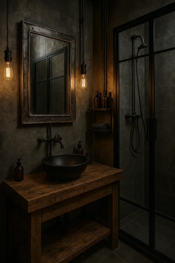 A bold and edgy bathroom inspired by urban loft design, featuring raw textures and a moody, modern aesthetic. Exposed concrete or dark gray plaster walls pair with black steel-framed shower doors and metal shelving. The vanity is made of reclaimed wood with a matte black vessel sink and matching faucets. Hanging Edison bulb fixtures on long cords bring warm lighting, while exposed piping adds to the industrial charm. A large rectangular mirror with a distressed metal frame hangs above the sink, and minimalist accessories—like amber glass bottles and dark towels—emphasize function and form. The overall vibe is rugged, stylish, and effortlessly cool.
