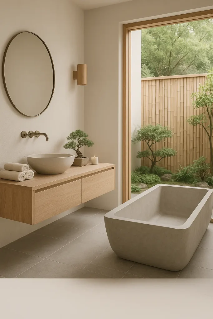 A calm, meditative bathroom blending Japanese minimalism and Scandinavian functionality—Japandi style. Clean lines, uncluttered surfaces, and a muted color palette dominate the space, with off-white walls, light wood tones, and soft gray stone tiles. A low-profile soaking tub made of stone or composite sits by a floor-to-ceiling window with a view of a private garden or bamboo fence. The vanity is crafted from natural wood with a floating design, supporting a ceramic vessel sink. A small bonsai tree, rolled organic cotton towels, and a minimalist candle set add understated elegance. The atmosphere is peaceful, warm, and thoughtfully balanced—perfect for intentional relaxation.