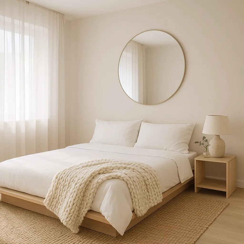 Generate a serene and cozy minimalist bedroom featuring a low-profile platform bed with crisp white linens and a chunky knitted throw. Add a light wood nightstand with a simple ceramic lamp. Include a large round mirror above the bed, sheer white curtains letting in soft morning light, and a neutral palette of whites, beiges, and soft grays. On the floor, a textured jute rug. Add a few eucalyptus branches in a glass vase for a touch of green. The entire vibe should feel calm, fresh, and clutter-free—ideal for someone seeking a peaceful retreat with Scandinavian or Japandi design influence.