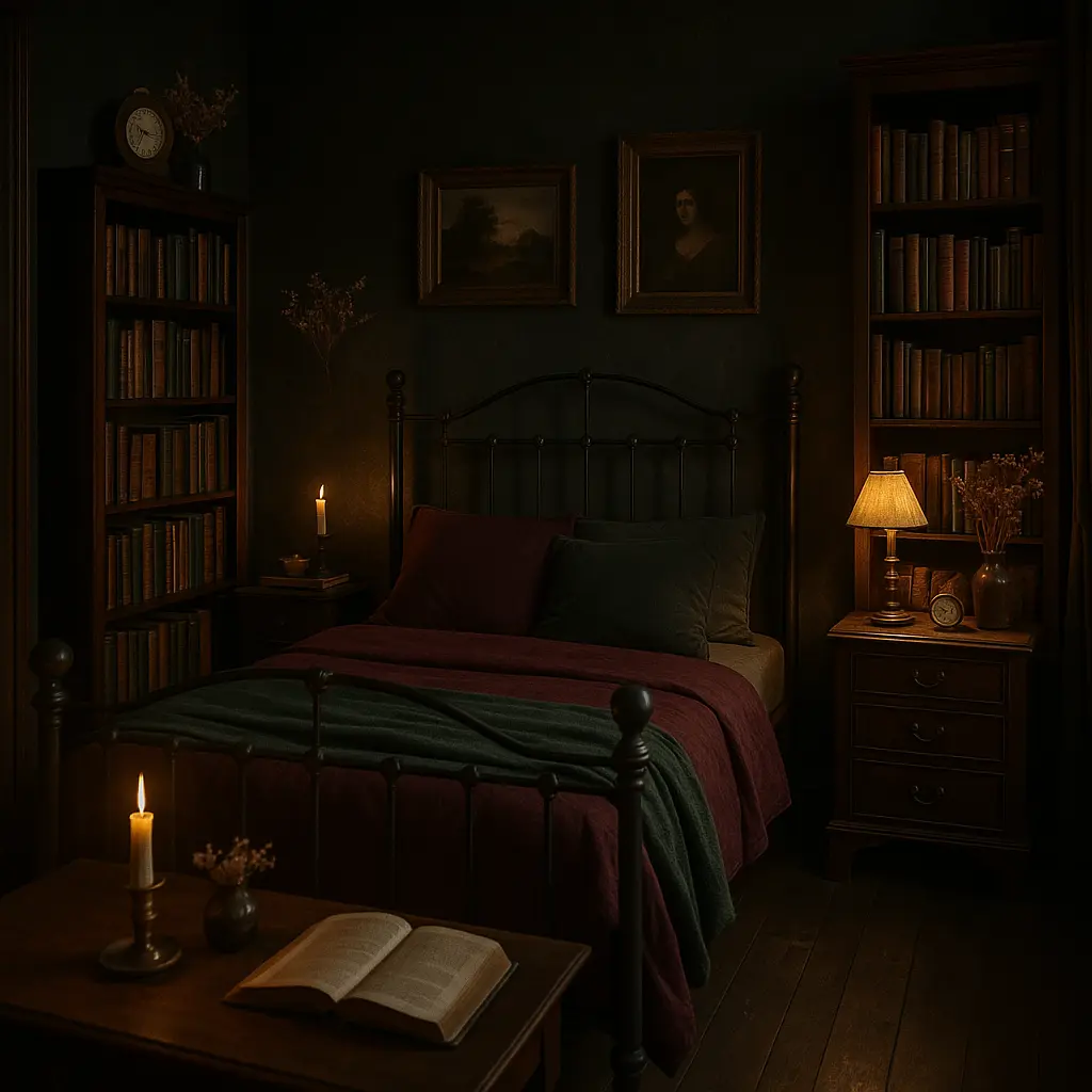 Design a moody, bookish bedroom perfect for lovers of literature and cozy solitude. Use dark wood furniture, a wrought iron bed, and deep-toned bedding in burgundy, forest green, or navy. Include antique-style bookshelves filled with classic novels, vintage framed art, and a small desk with an old-fashioned lamp. Add candles, vintage clocks, and dried flowers in glass bottles. The walls can feature dark wallpaper or rich paint colors like charcoal or deep olive. The vibe is introspective, intellectual, and rich in character—ideal for curling up with a book on a rainy day.