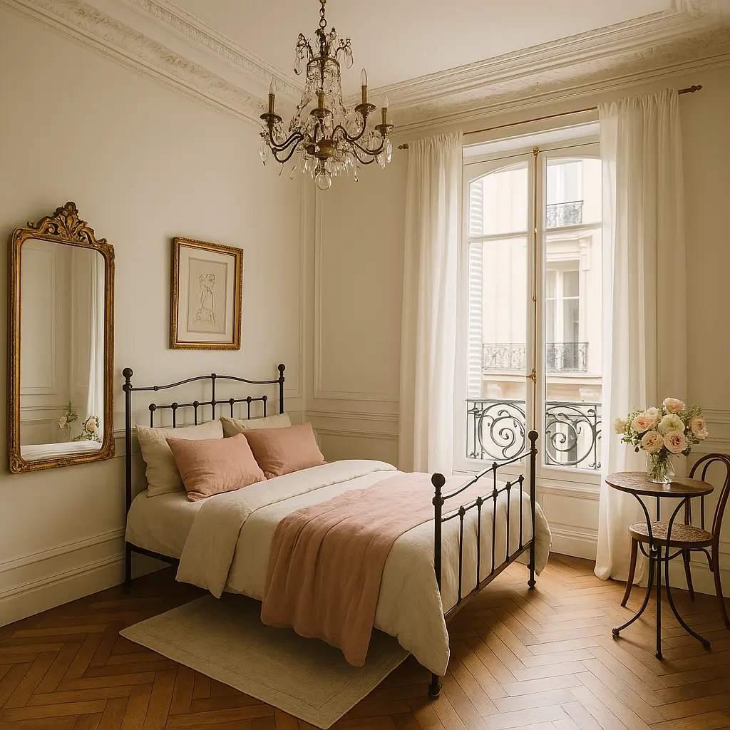 Create an elegant, romantic bedroom inspired by a Parisian apartment. Use herringbone wood flooring, high ceilings with ornate crown molding, and tall French windows with flowing white curtains. Include a wrought iron bed frame with linen bedding in soft neutrals—cream, dusty rose, and dove gray. Add antique gold-framed mirrors, a vintage chandelier, and a small bistro table with fresh flowers. A framed art print of a classic painting or line drawing should hang above the bed. The space should feel refined, artistic, and effortlessly chic—perfect for someone who dreams in French.