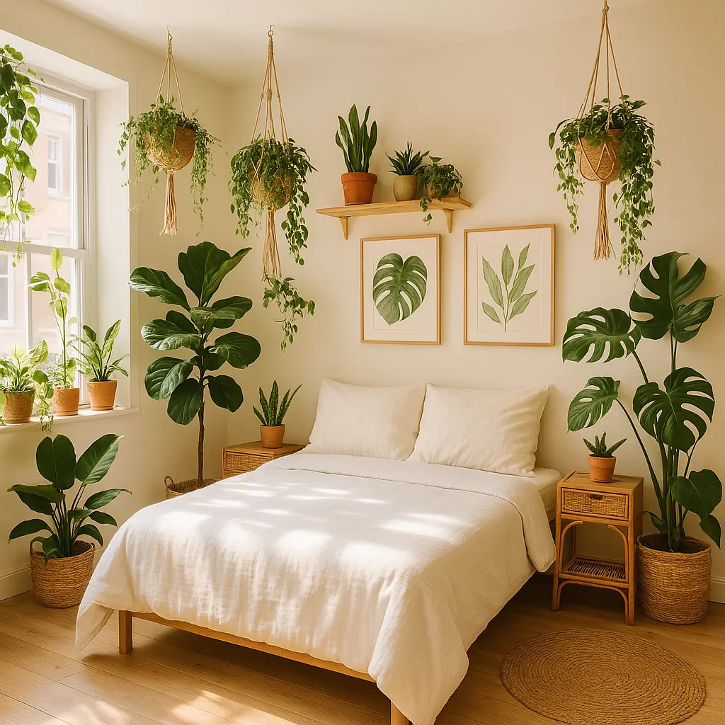 Design a lively, plant-filled bedroom bursting with greenery. Use a clean, neutral base (white or beige walls, light bedding) and layer in texture with rattan furniture, woven baskets, and macramé hangers. Fill the room with a variety of plants—monsteras, snake plants, pothos, and hanging ivy. Place a tall plant in one corner, small ones on window ledges and shelves, and vines cascading from hanging pots. Include natural sunlight streaming through large windows. Add botanical prints or green-toned artwork on the walls. The space should feel vibrant, fresh, and energizing—a personal jungle retreat in the city.