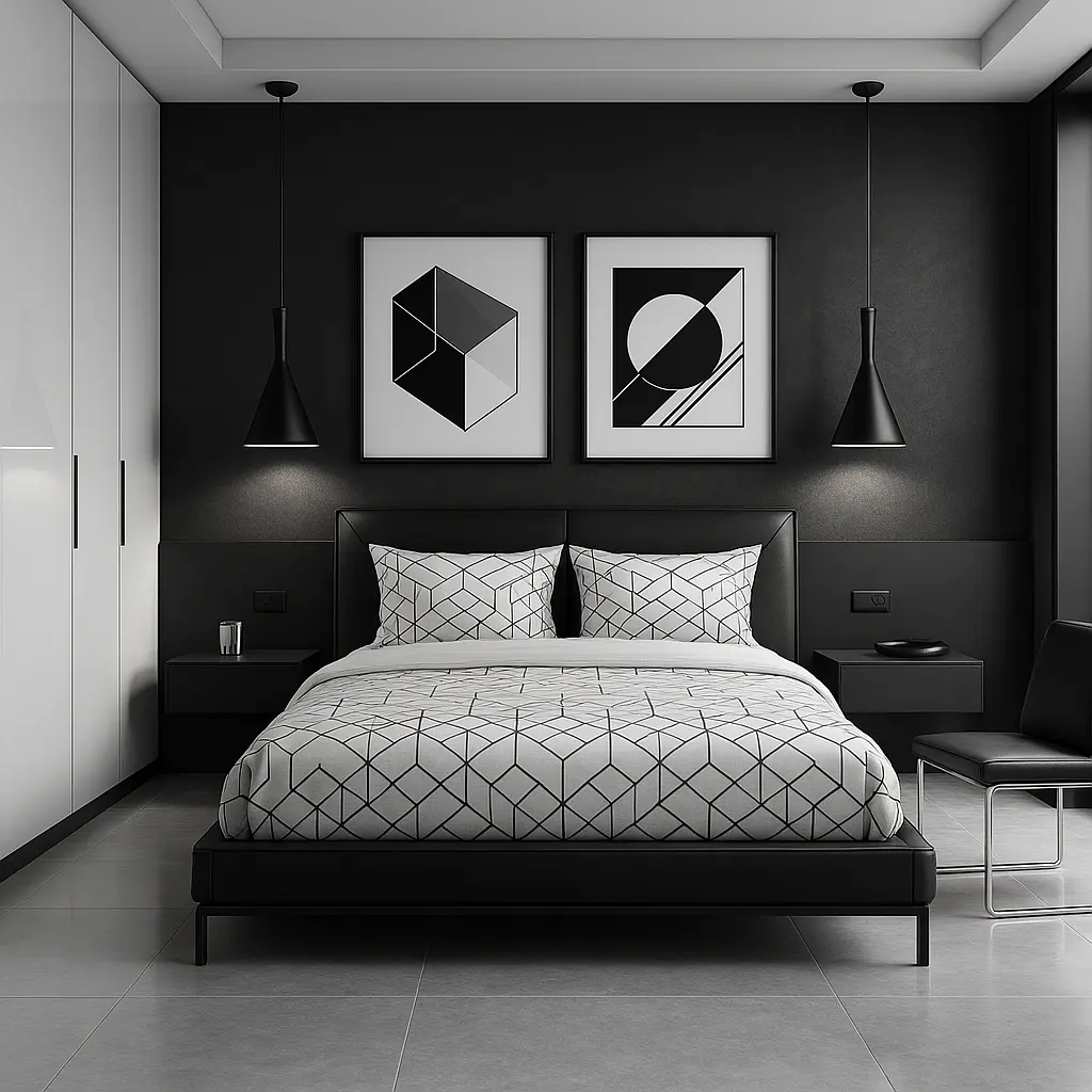 Create a sleek, monochrome bedroom using only shades of black, white, and gray. The bed should have a sharp, modern frame with geometric-patterned bedding. Use black matte light fixtures, high-contrast wall art, and glossy finishes. Keep furniture minimal—floating nightstands, sleek built-in closets, and a low-profile chair or bench. Accent with metallic touches in chrome or matte black. The layout should be symmetrical and clean, with clear lines and minimal clutter. This room should scream sophistication and modern luxury with a touch of futuristic edge.