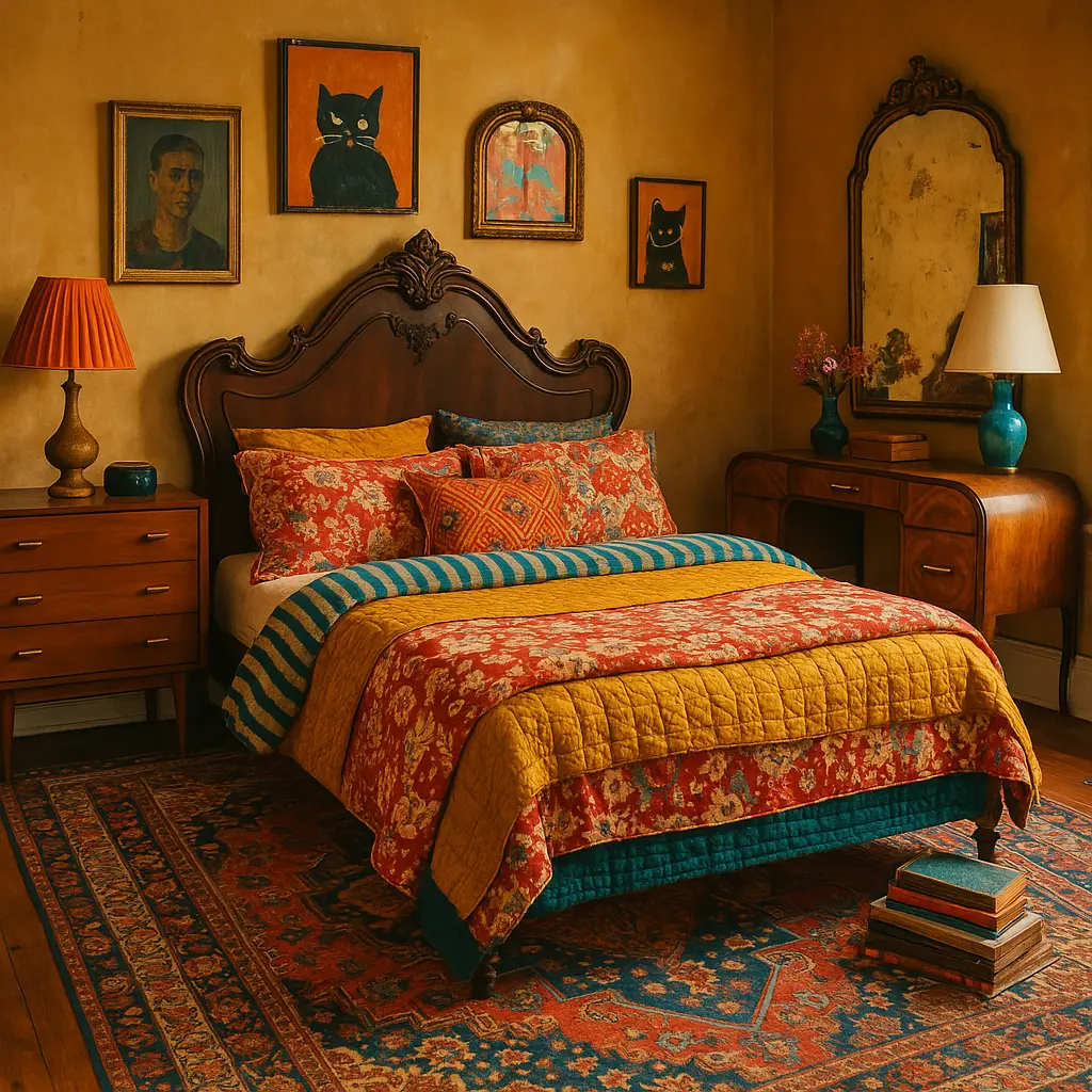 Design a personality-packed bedroom with an eclectic, vintage vibe. Mix and match furniture from different eras—maybe a Victorian headboard, a mid-century modern dresser, and an art deco vanity. Use bold, layered bedding with clashing prints that somehow work—florals, stripes, and block prints. Include quirky art, an antique mirror, and mismatched lamps. Add a colorful Persian rug and a stack of old books or records. The color palette can be rich and unexpected: mustard, teal, burgundy, and burnt orange. It should feel lived-in, creative, and full of soul—like the room of a stylish time traveler.